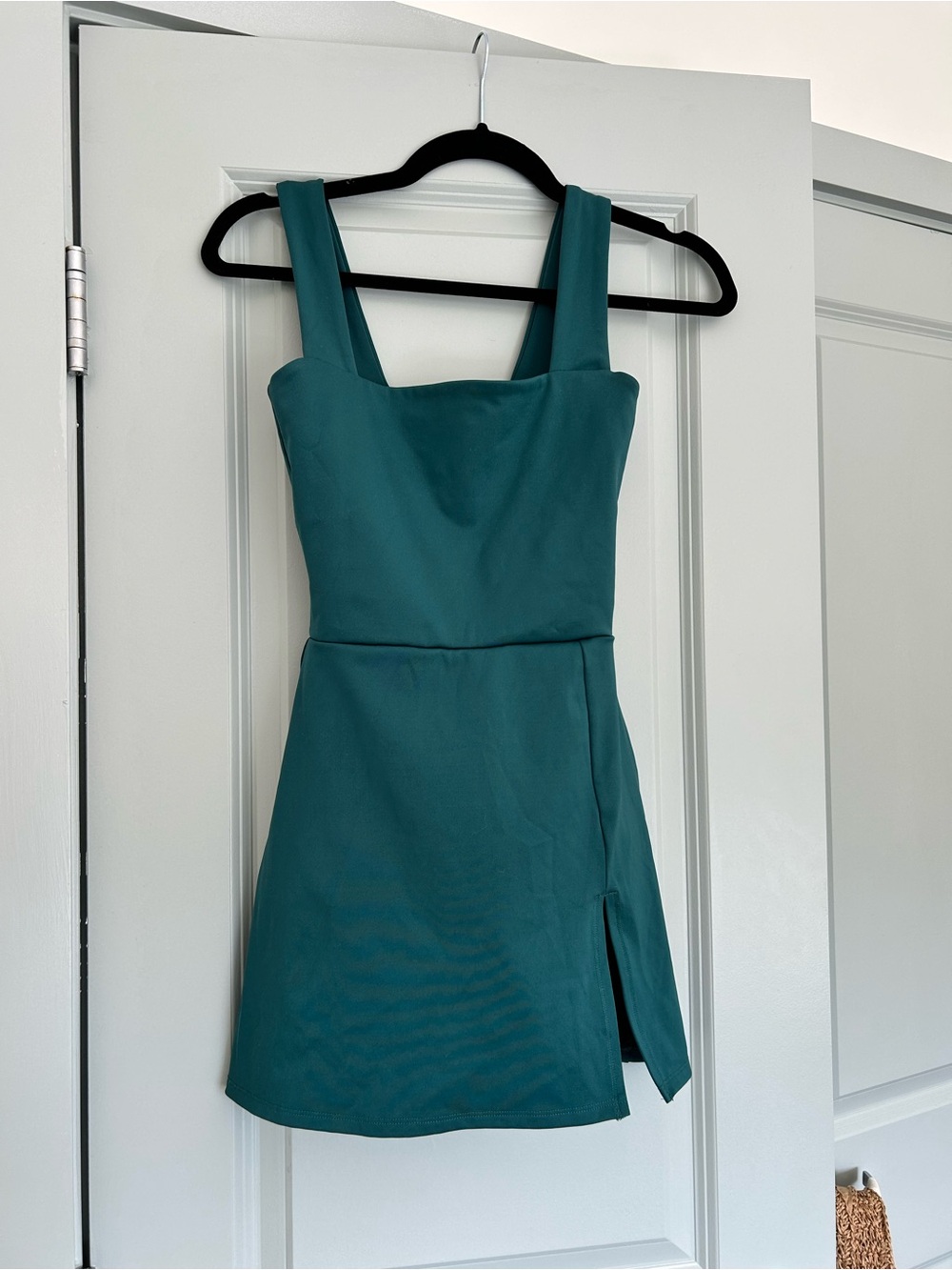 Reformation Teal Square-Neck Mini Dress with Side Slit